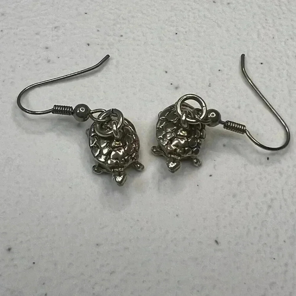 Sterling Silver 925 3D Turtle Dangle‎ Drop Earrings Vintage Animal Cute Dainty